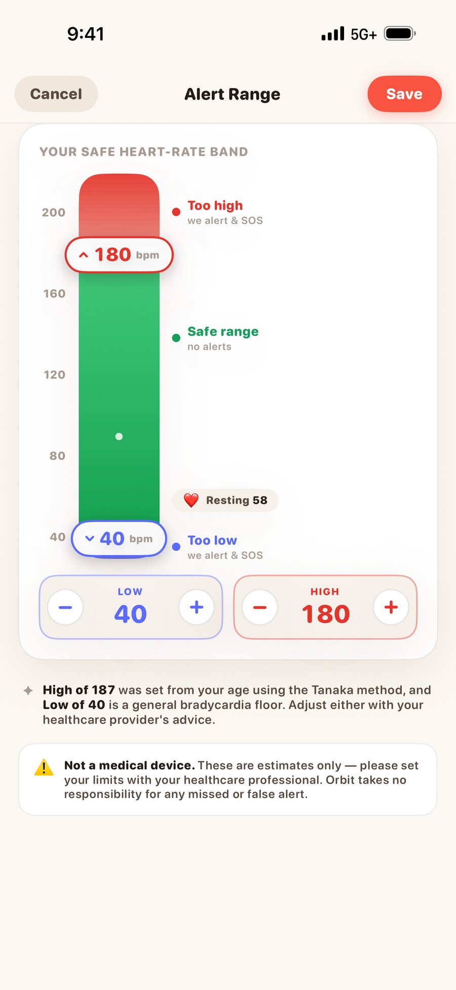 Orbit alert range editor: a safe heart-rate band from 40 to 180, the age-derived high of 187, and a not-a-medical-device notice