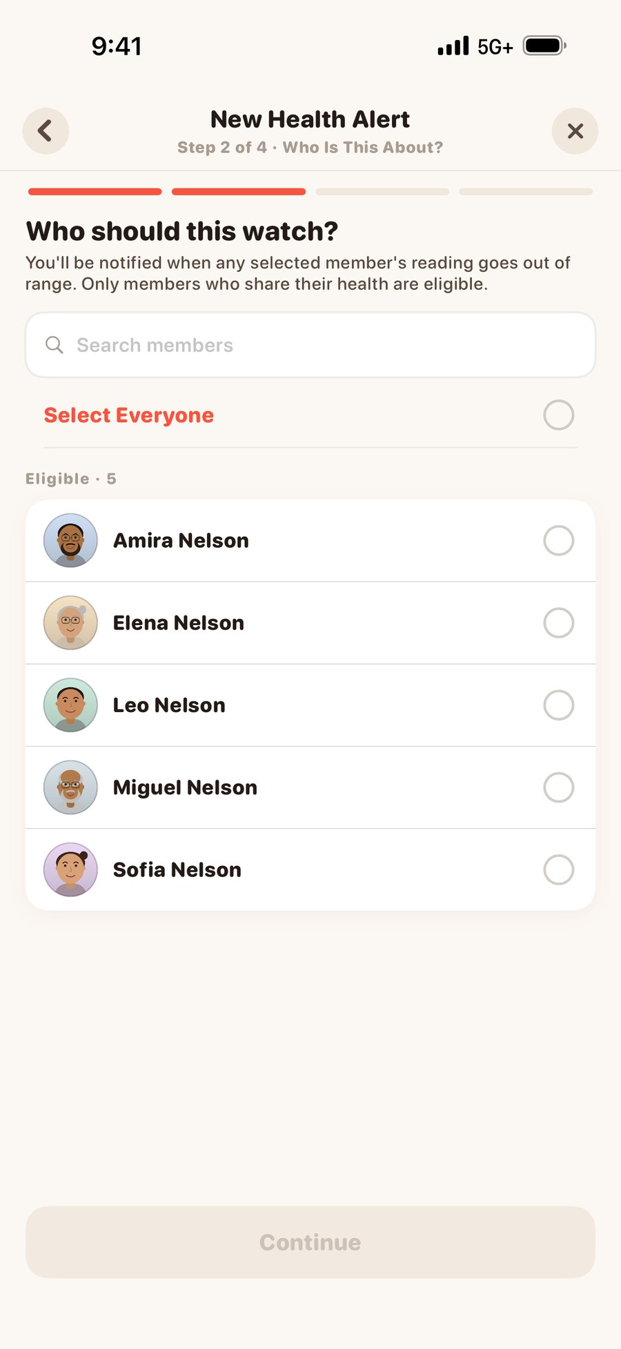 Orbit health alert setup asking who should watch this, listing the eligible members of the Nest