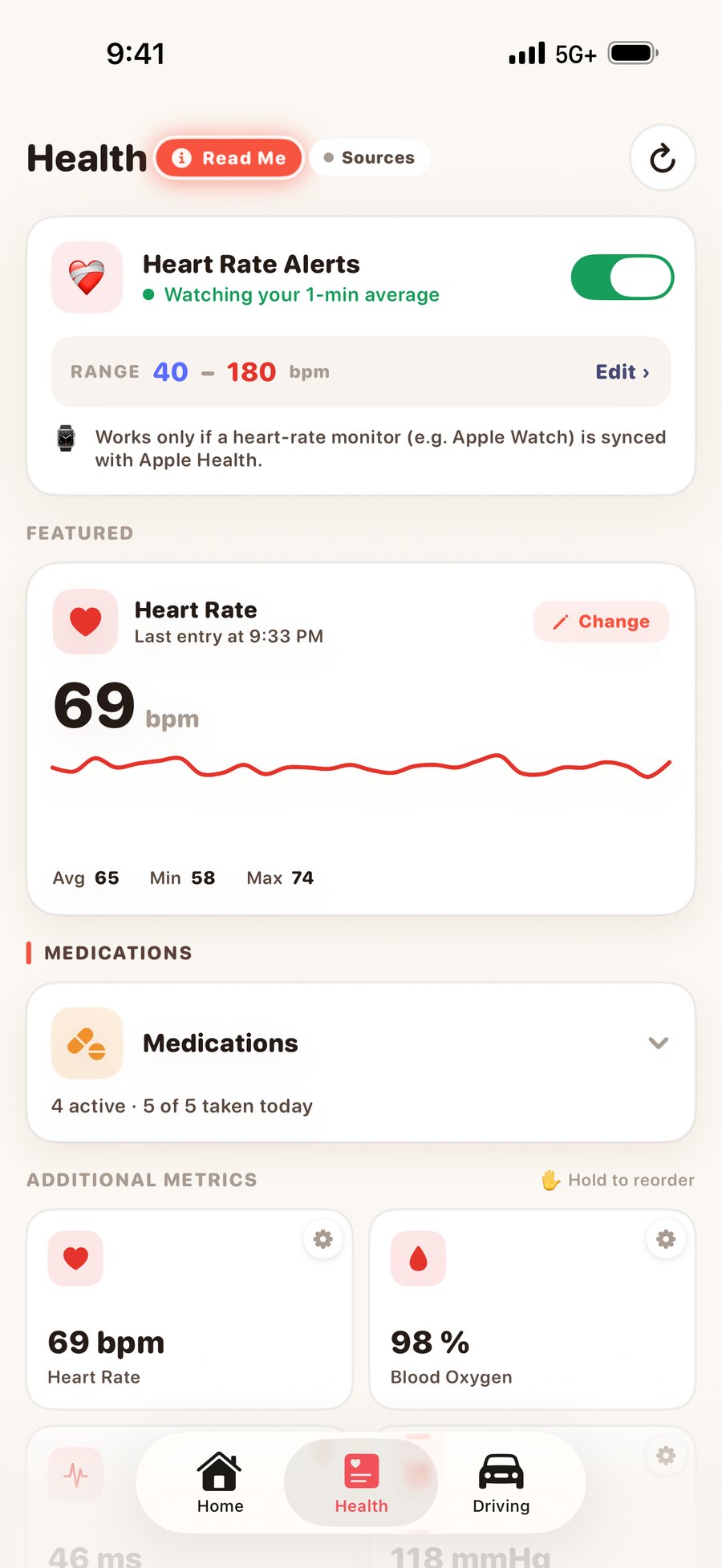 The Orbit Health tab showing heart-rate alerts, a live heart-rate card, a medications card and additional metrics