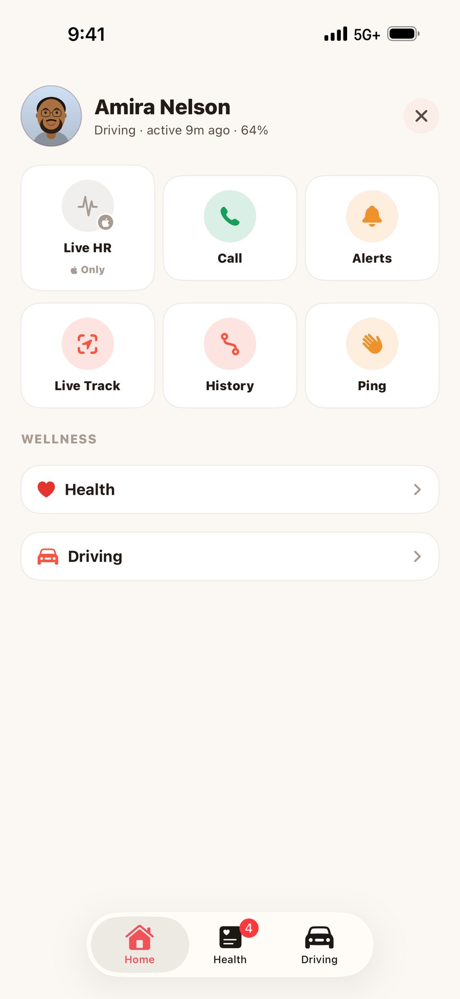 An Orbit member card showing live heart rate, call, alerts, ask to track, history and ping actions